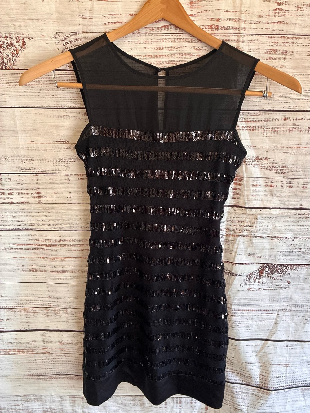 Max & Cleo Black Sequin Stripe Sheer-Yoke Mini Dress Size 6